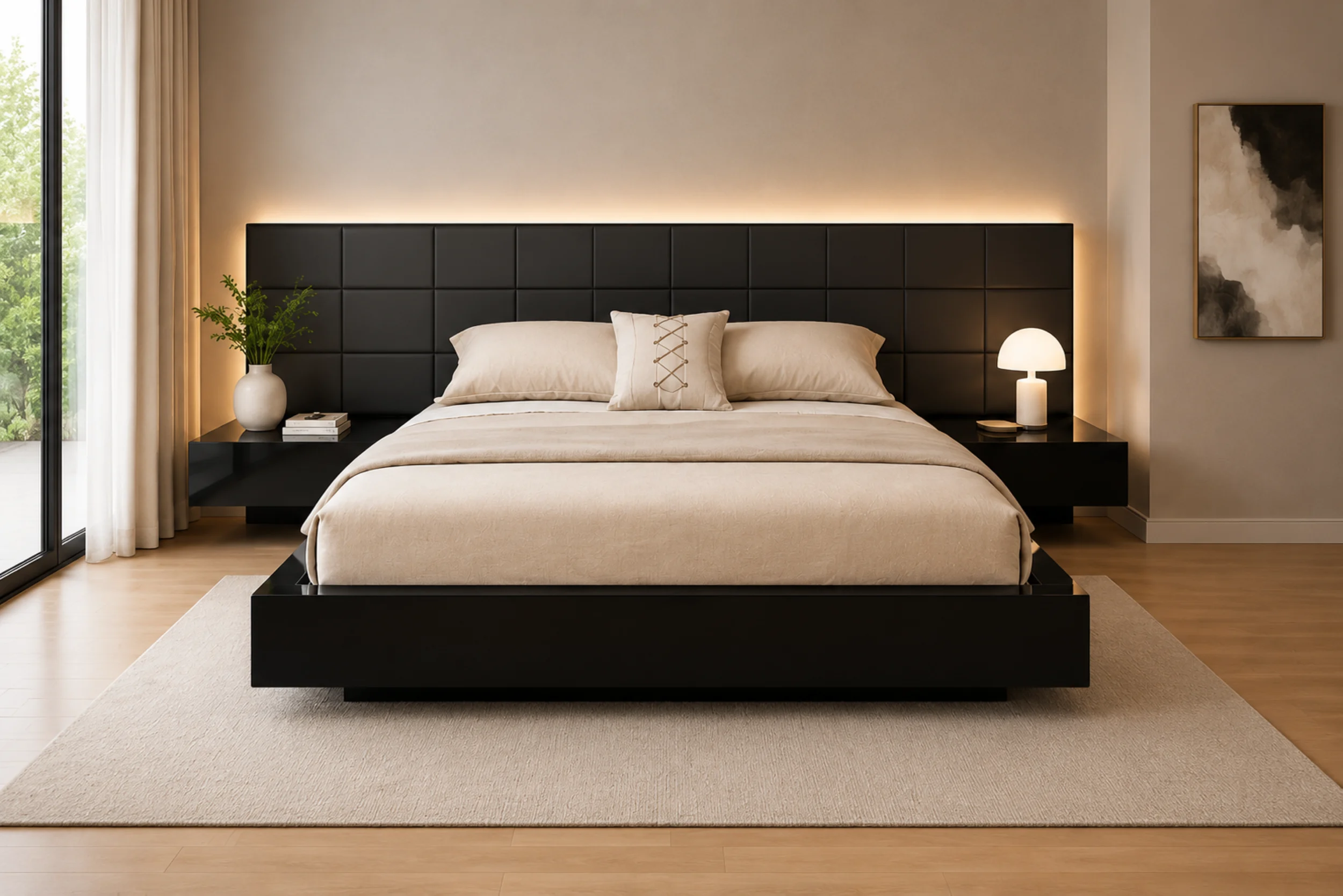 Sharon Black Lacquer King Bed with Dark Gray Leather Headboard