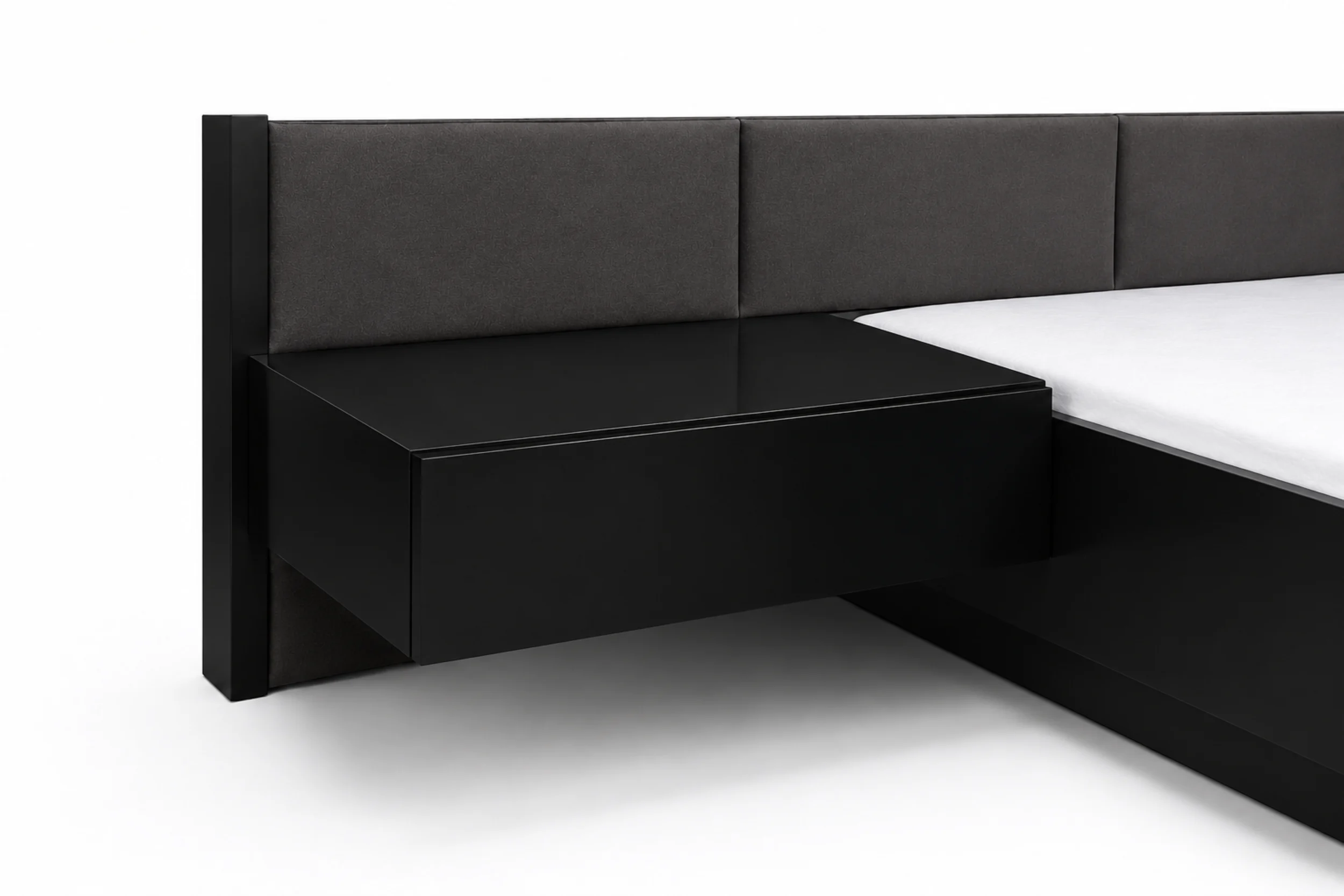Sharon Black Lacquer King Bed with Dark Gray Leather Headboard - Image 3