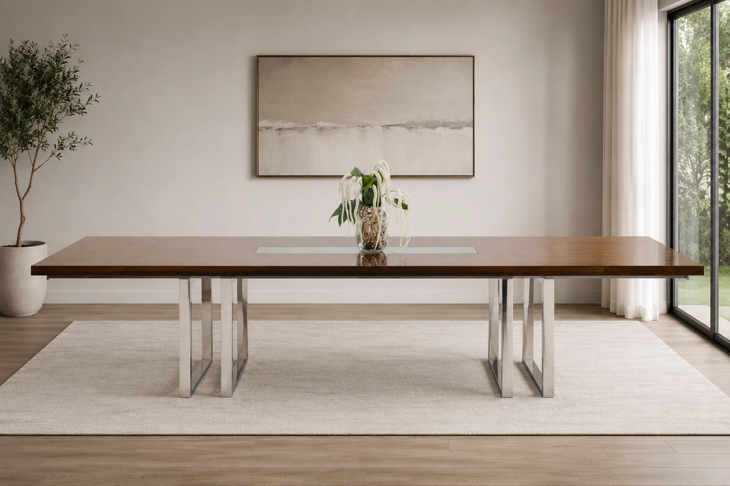 Galway Extendable Walnut Lacquer Dining Table with Glass Insert & Polished Stainless Steel Base