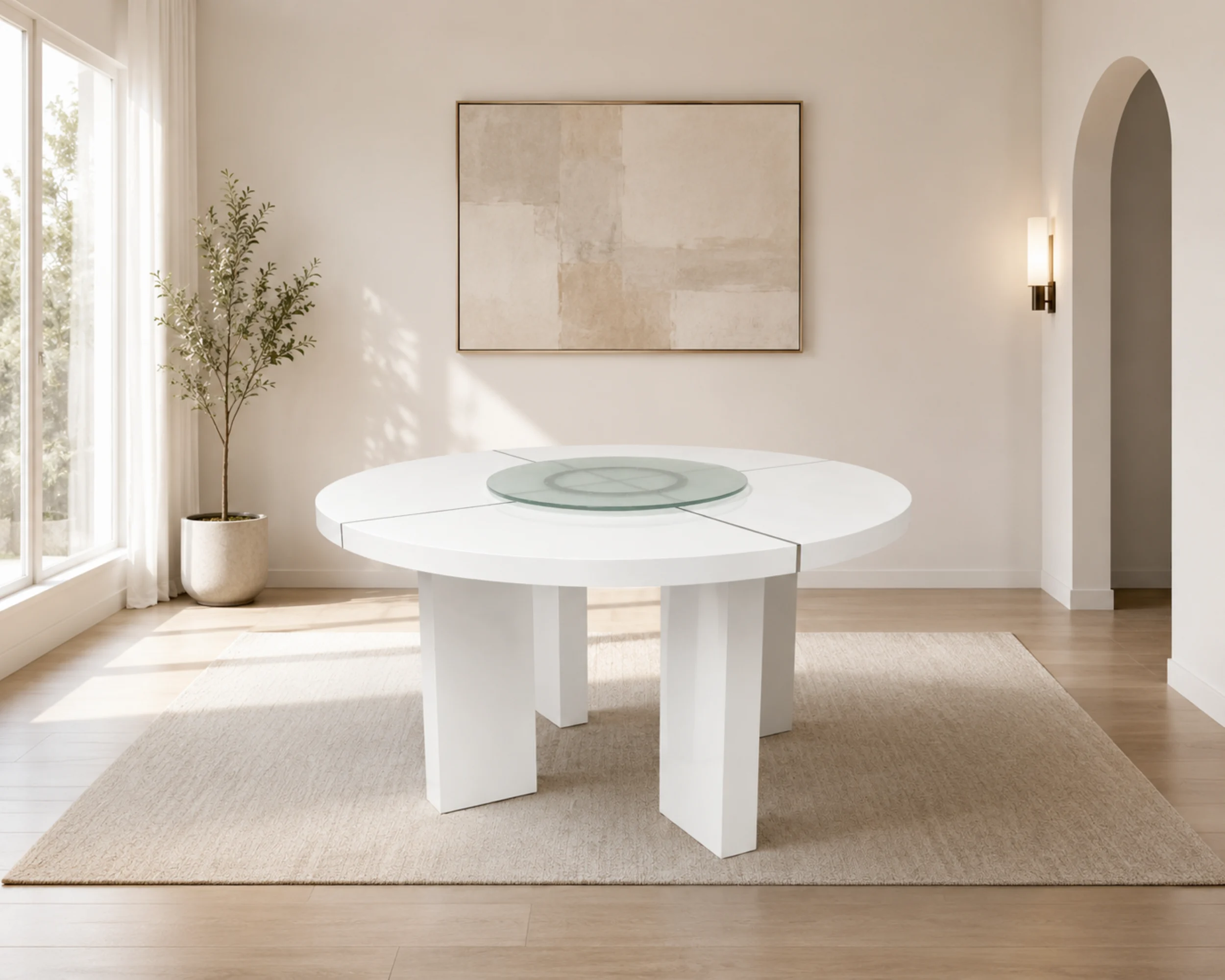Turno 60" White Lacquer Round Dining Table with Glass Lazy Susan