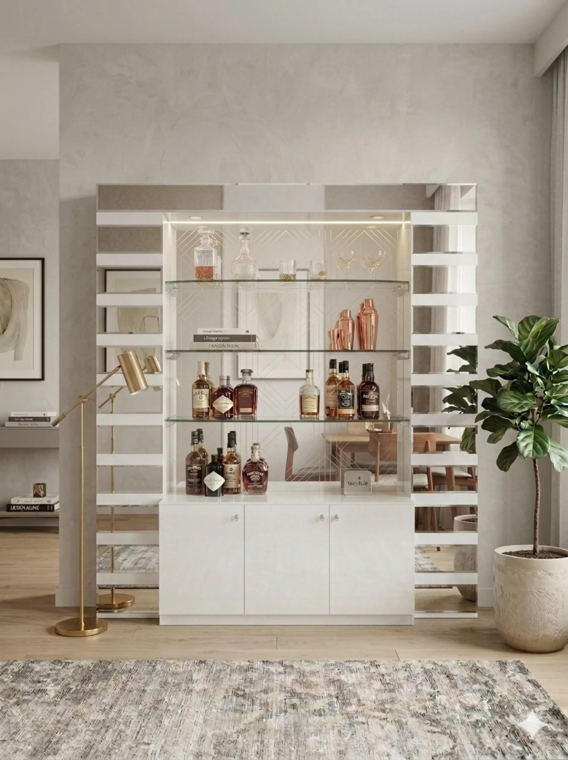 Mera 69" White Lacquer Mirrored Home Bar with Glass Shelves