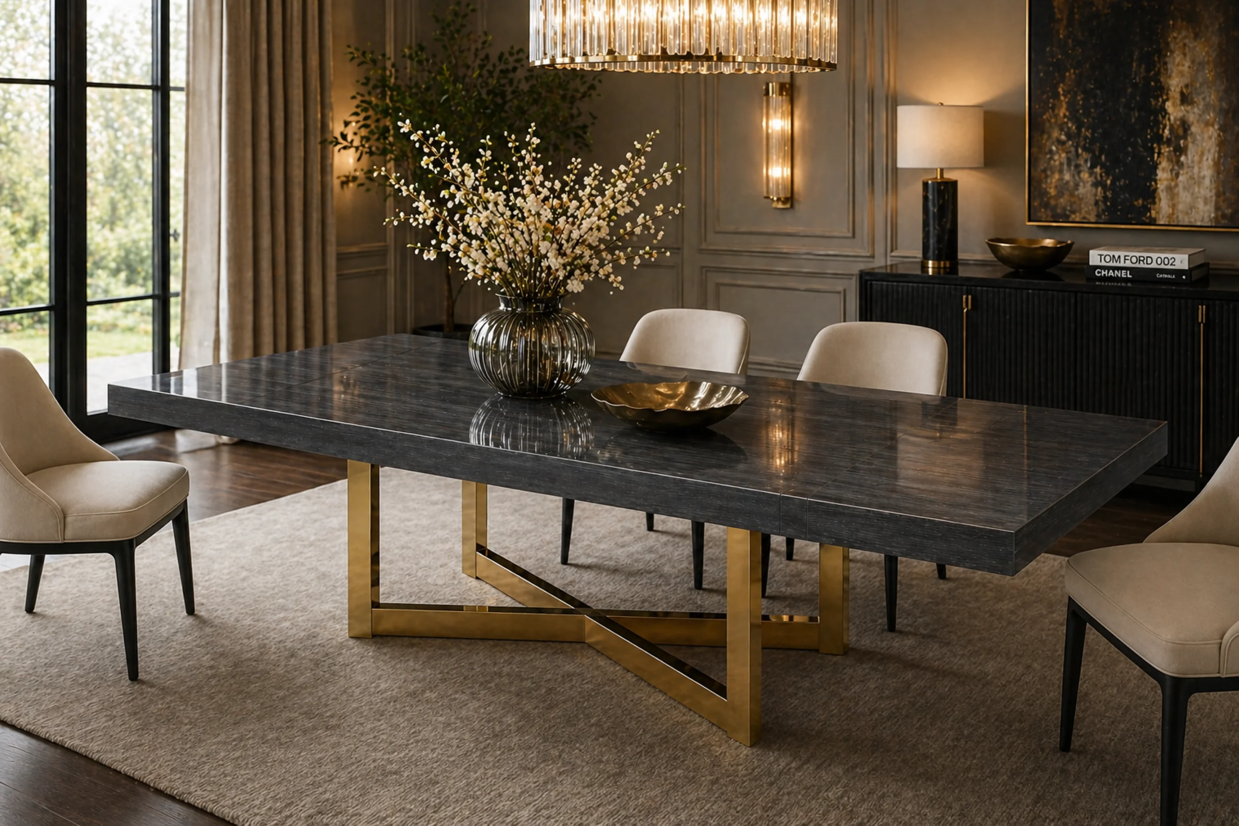 Maximo Modern Graphite Lacquer Dining Table with Gold Base