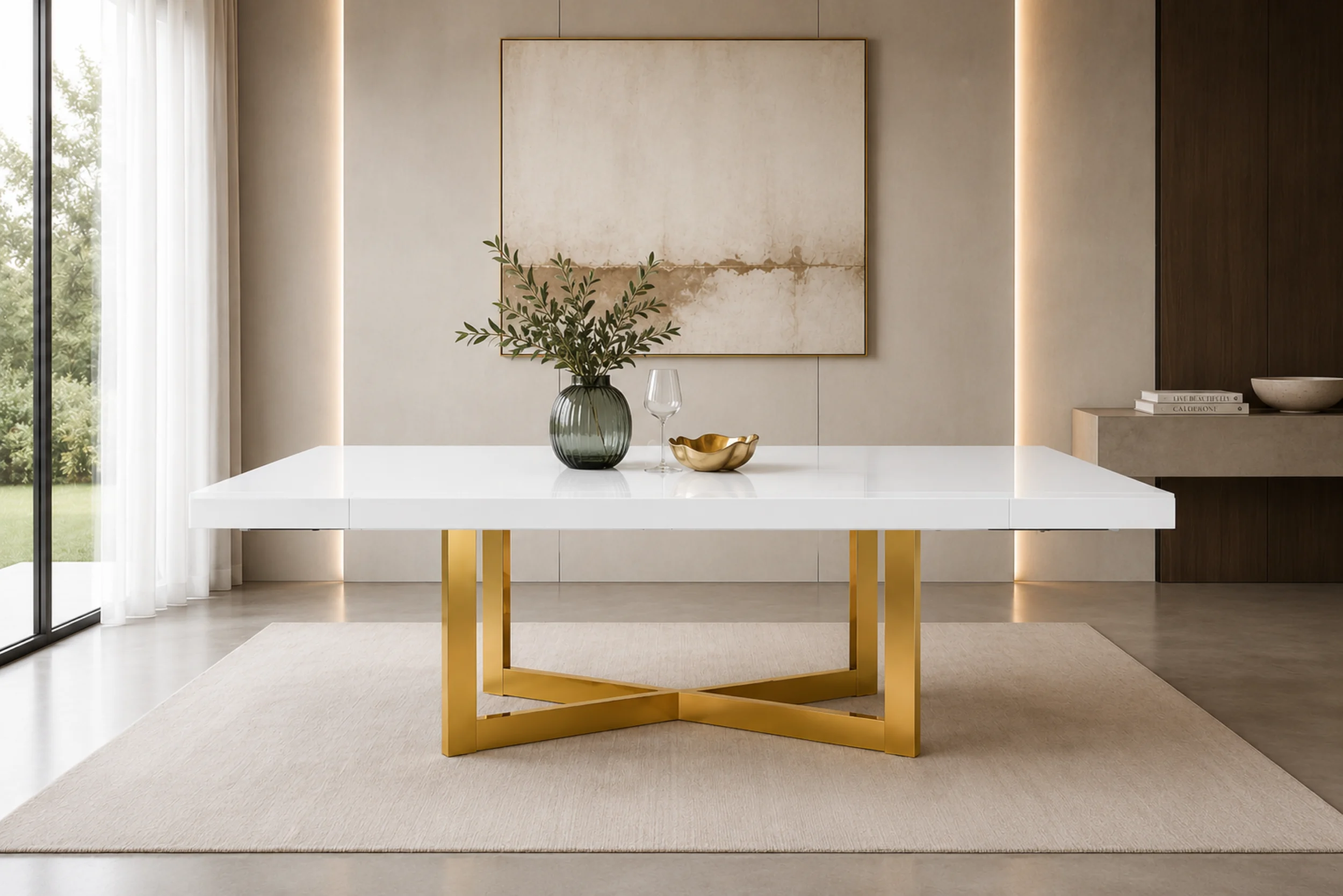 Maximo Modern White Lacquer Dining Table with Gold Base