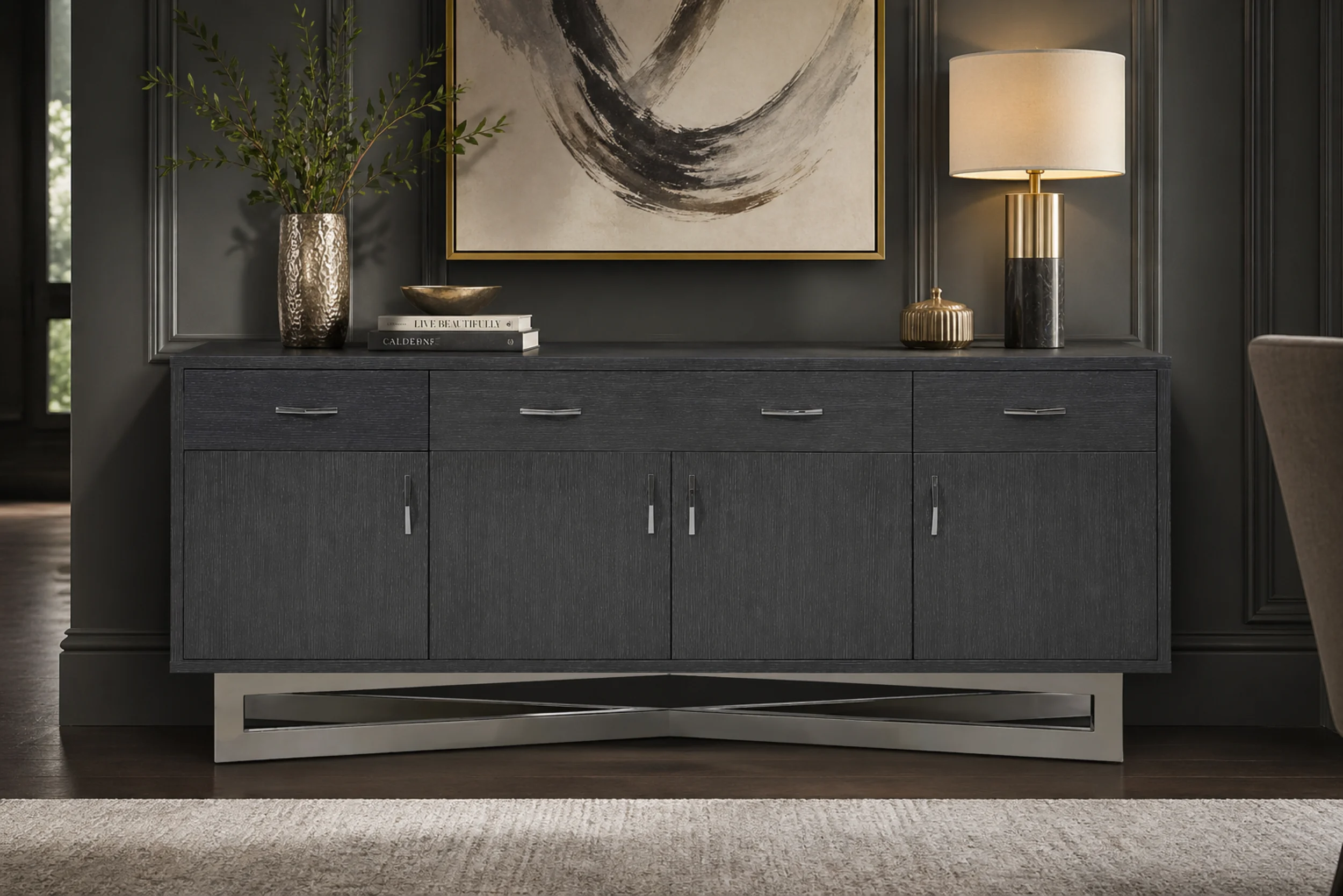 Maximo Graphite Lacquer Buffet with Silver Base