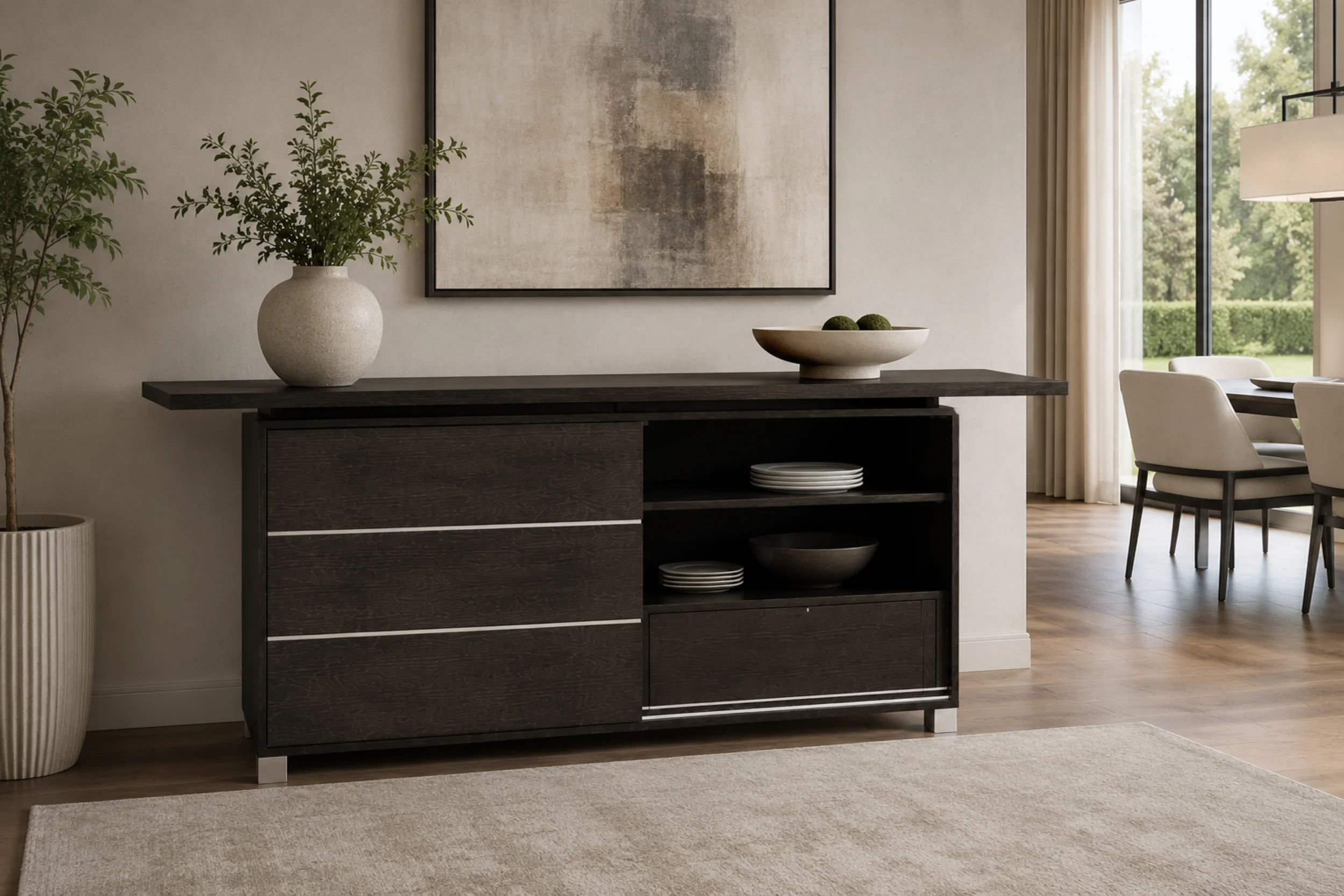 Verona 94" Wenge Wood Buffet with Sliding Doors and Open Shelving