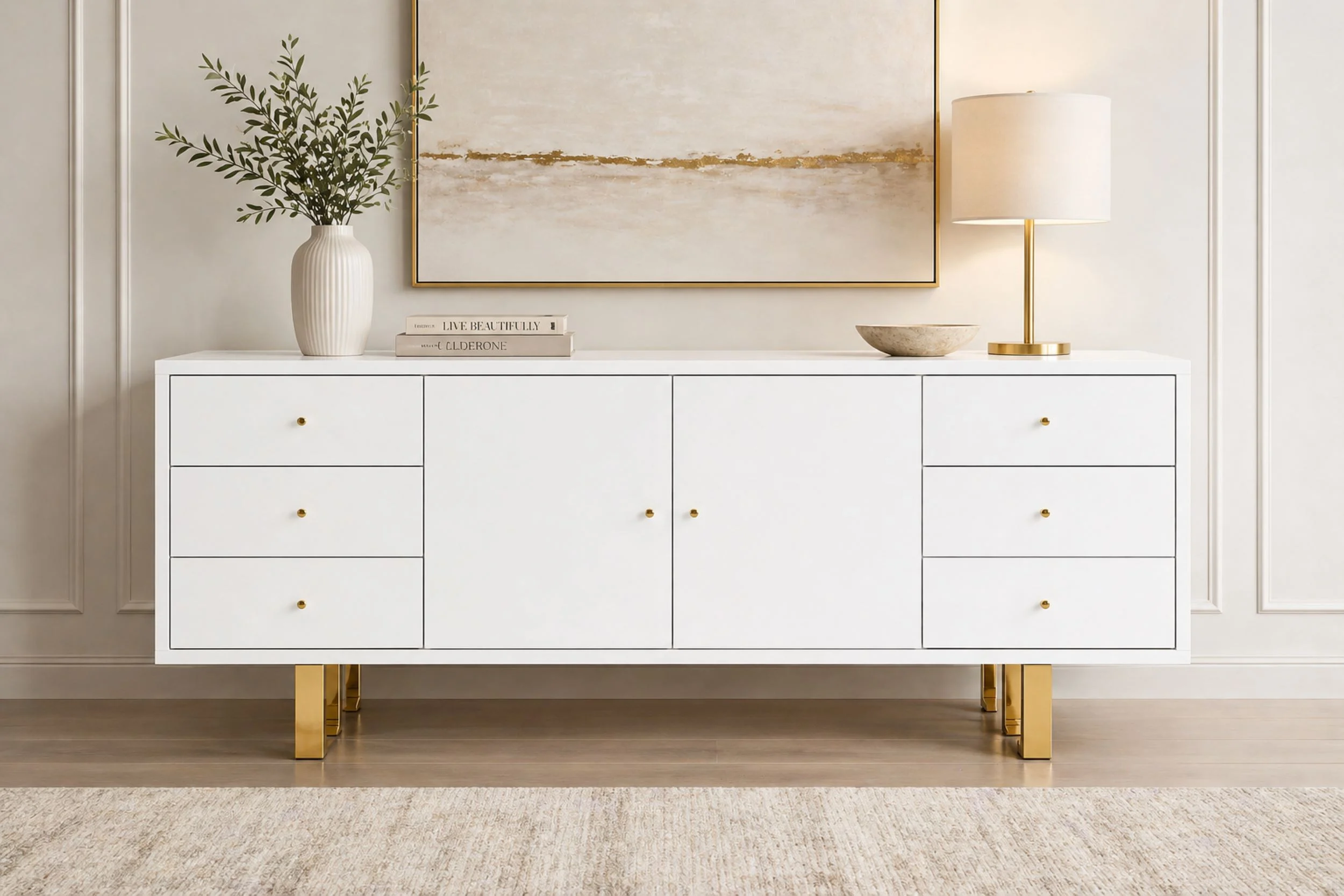 Roma Contemporary White Buffet Cabinet with Gold Accents