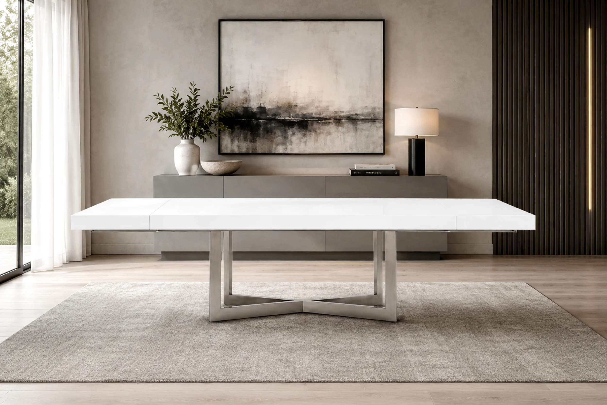 Maximo Modern White Lacquer Dining Table with Silver Base