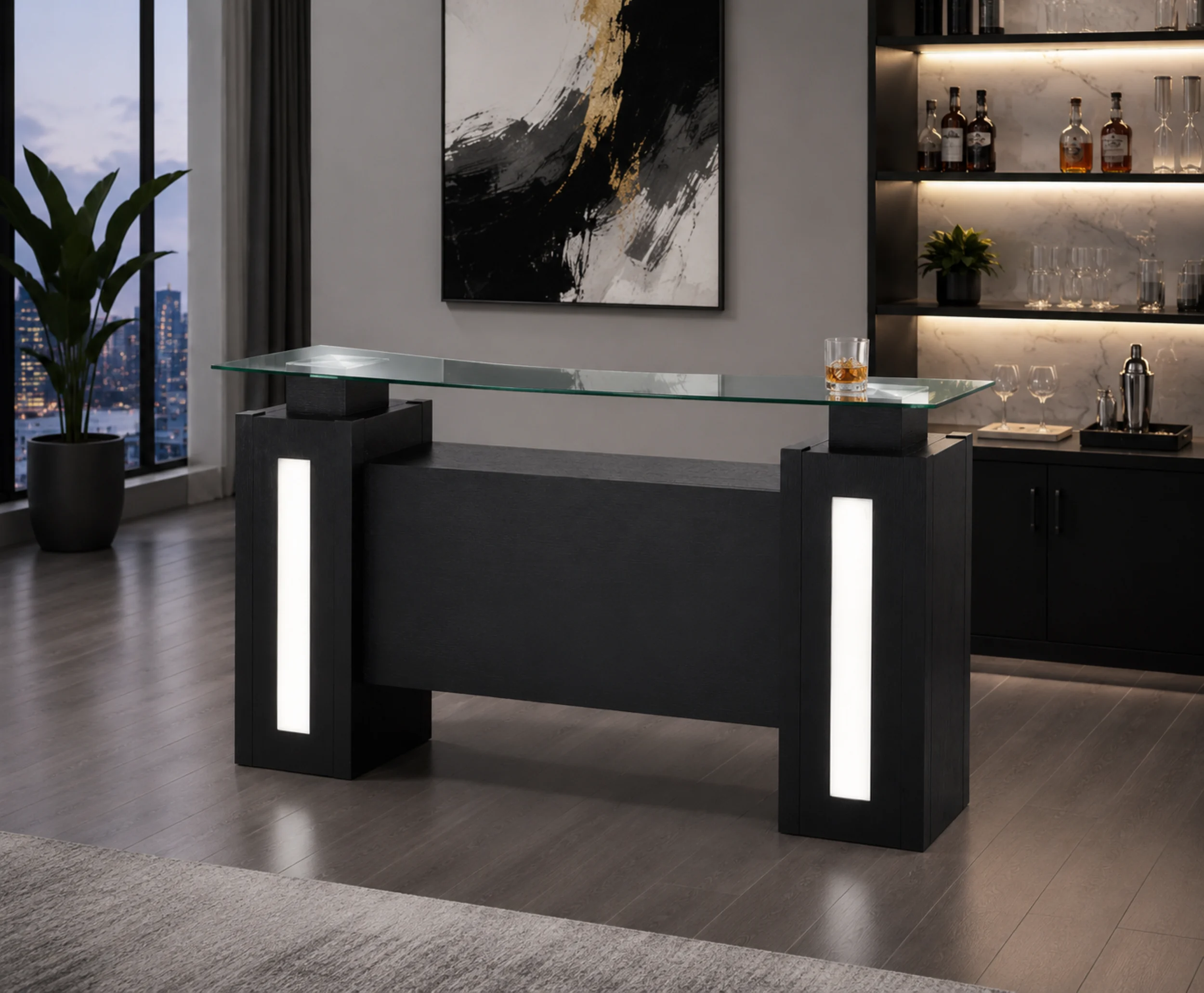 Elite 79" Modern Home Bar with Glass Top and Storage