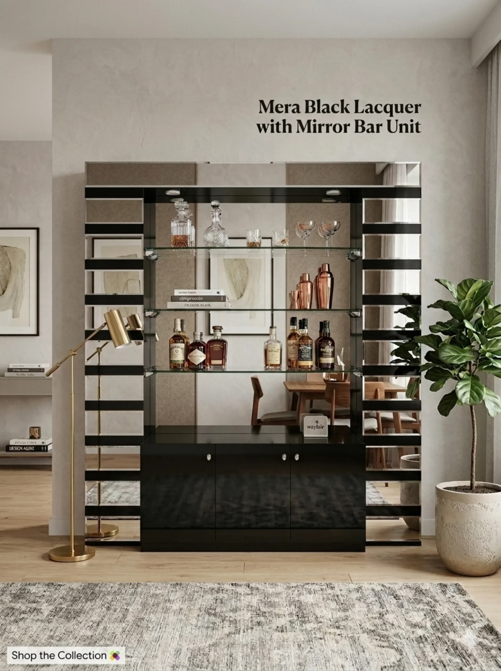 Mera 69" Black Lacquer Mirrored Home Bar with Glass Shelves