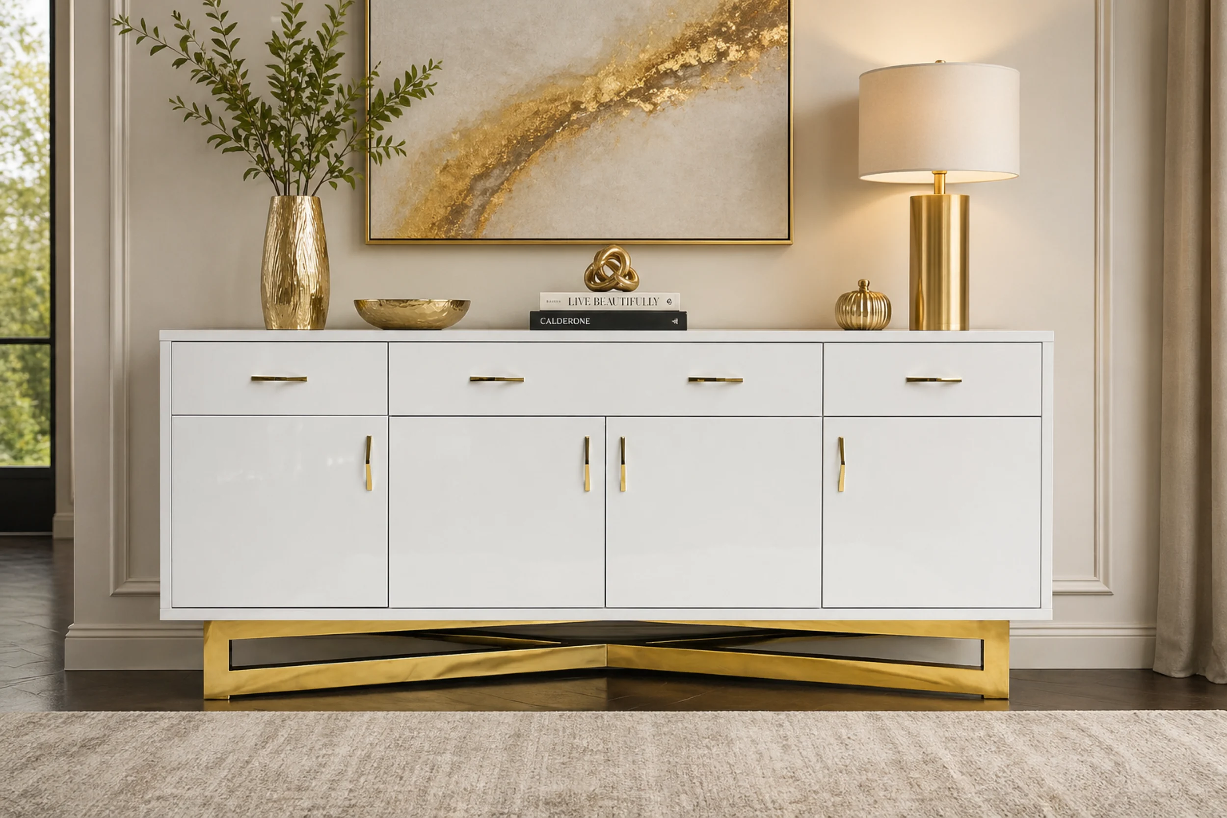 Maximo Modern White Lacquer Buffet with Gold Base