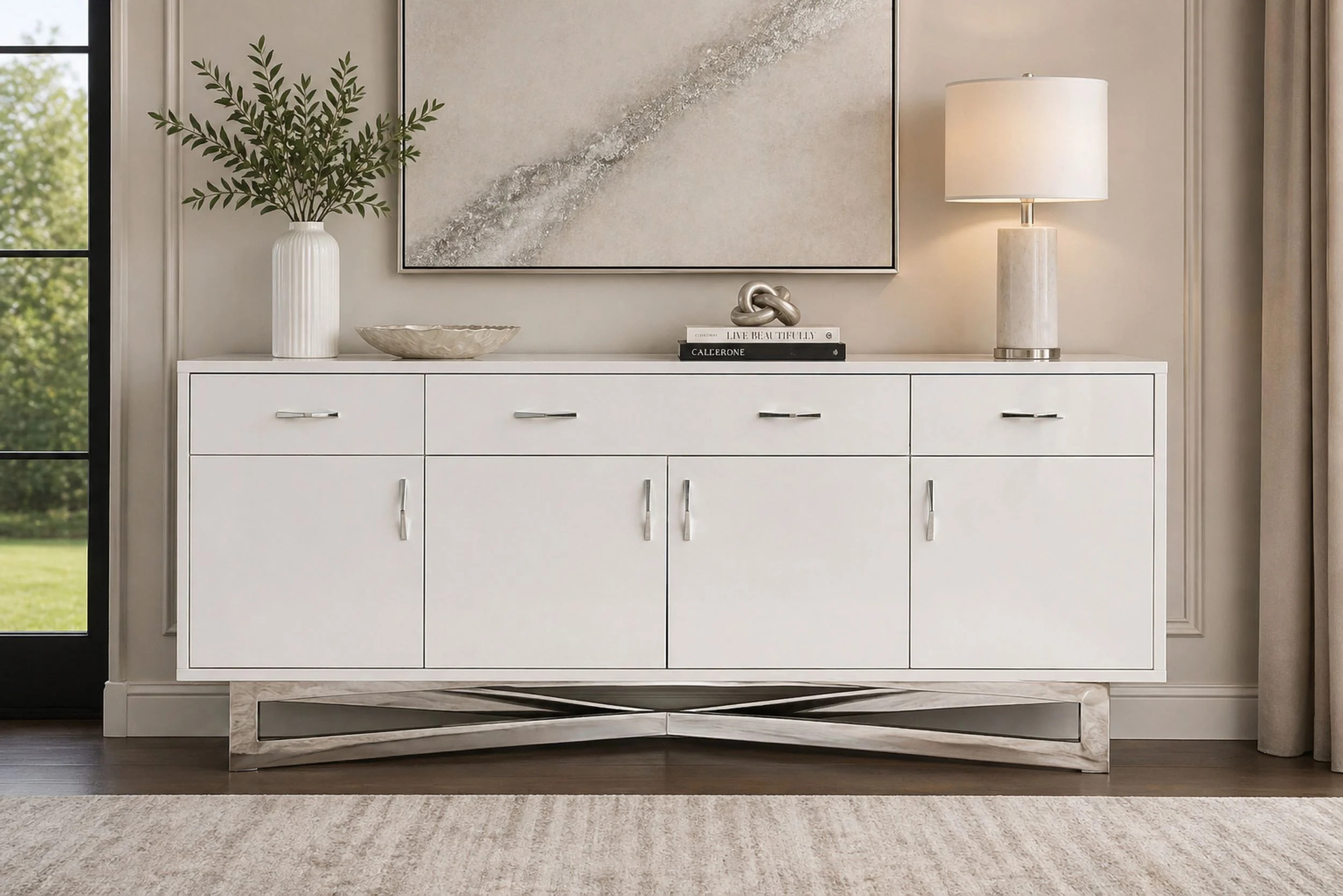 Maximo Modern White Lacquer Buffet with Silver Base
