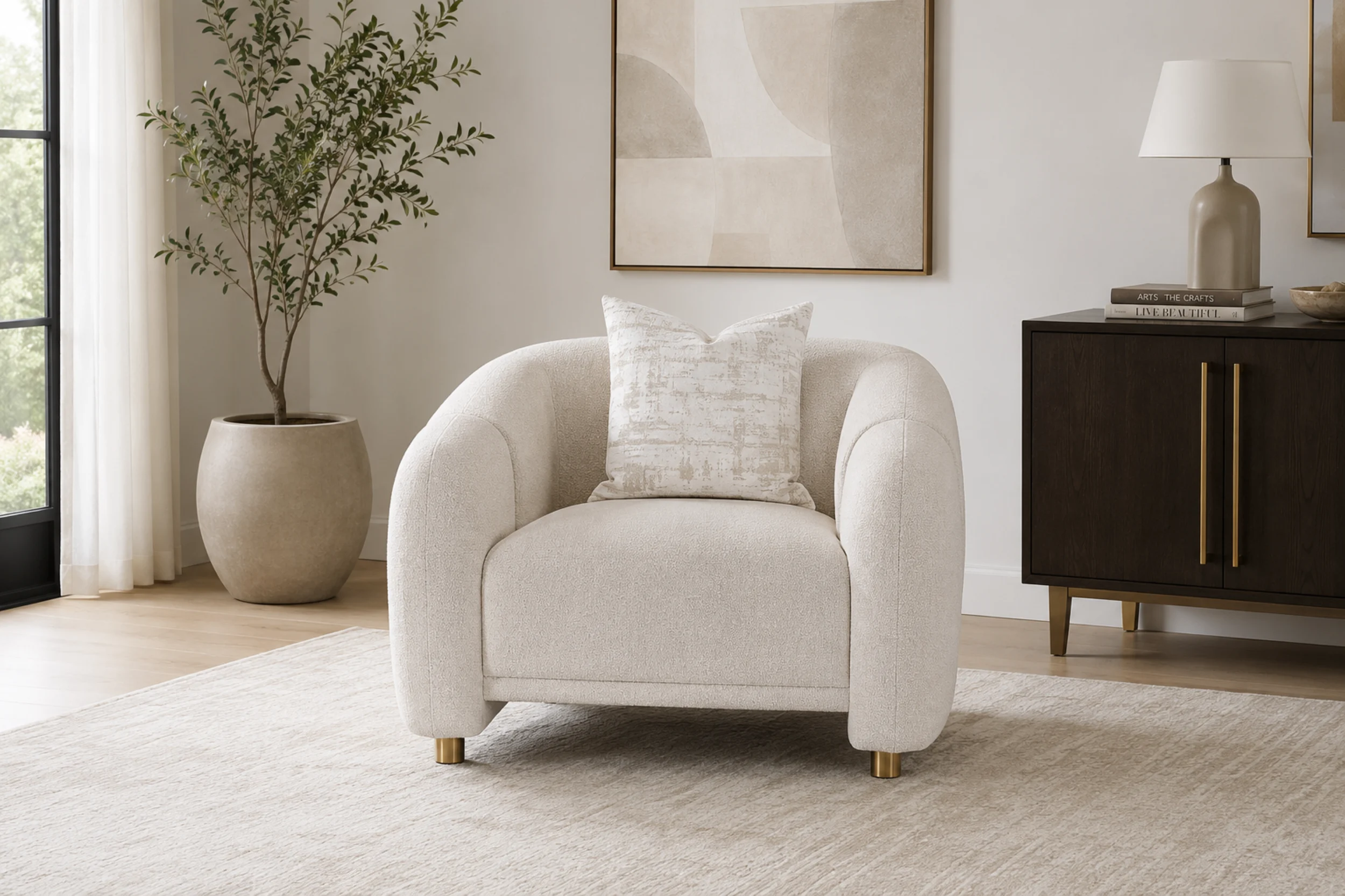 Soren Modern Upholstered Accent Chair with Rounded Arms and Gold Metal Legs