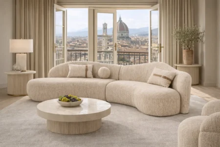 Sharelle Melano Curved Sectional Sofa upholstered in textured bouclé fabric.