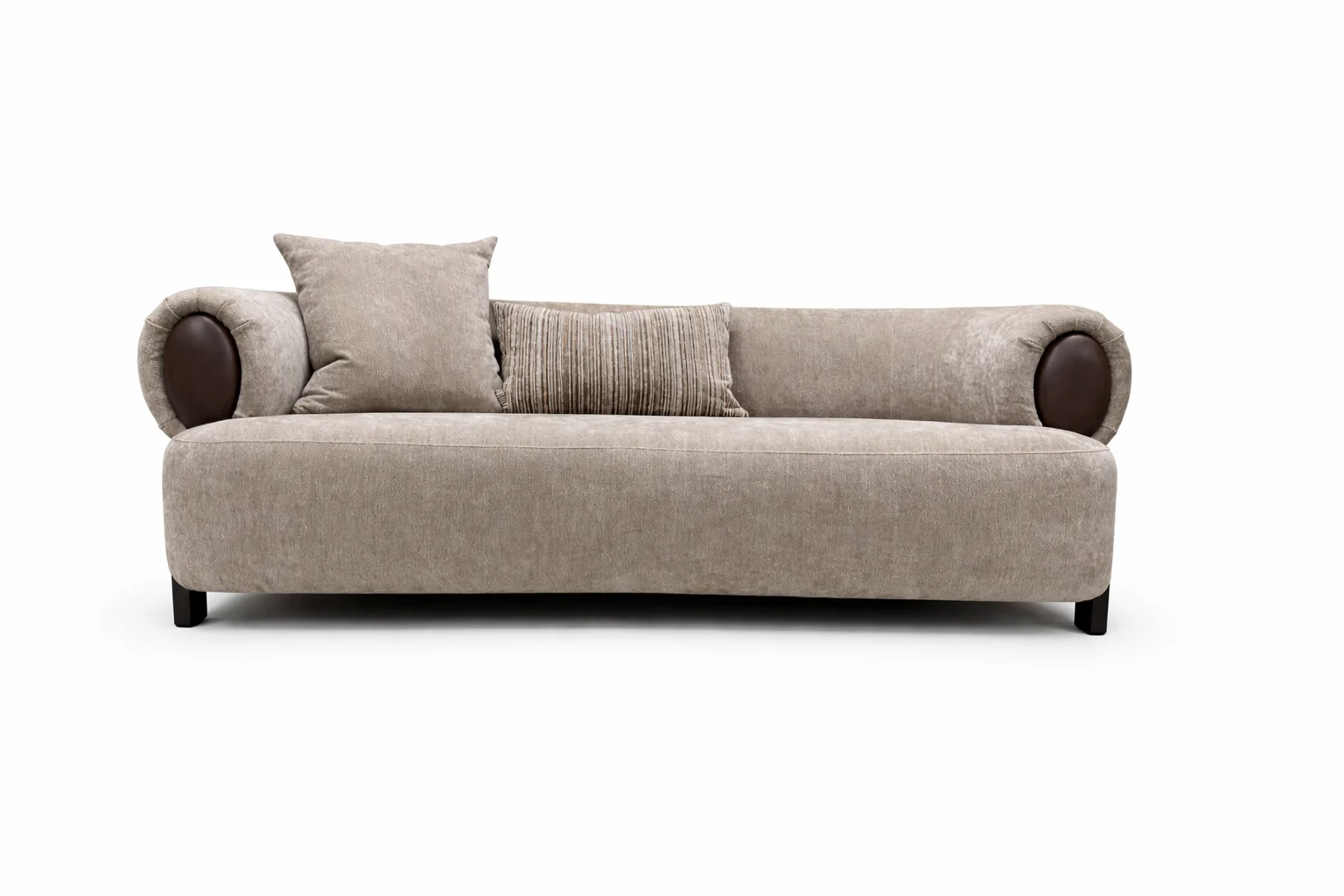 Sharelle Arden sofa upholstered in taupe fabric with contemporary rolled arms and accent pillows.