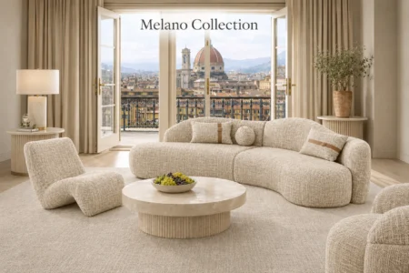 Sharelle Melano Collection featuring a curved sectional sofa and accent chair upholstered in textured bouclé fabric.