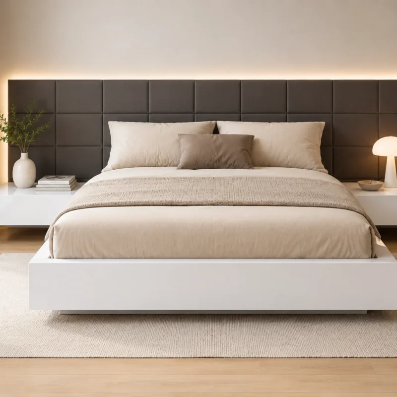 Sharon White Lacquer Queen Bed with Dark Gray Leather Headboard