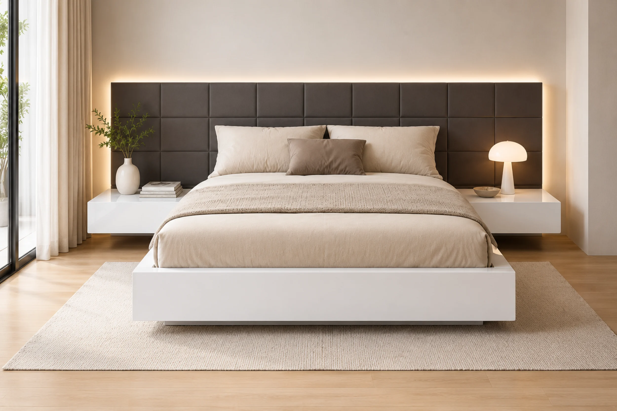 Sharon White Lacquer Queen Bed with Dark Gray Leather Headboard