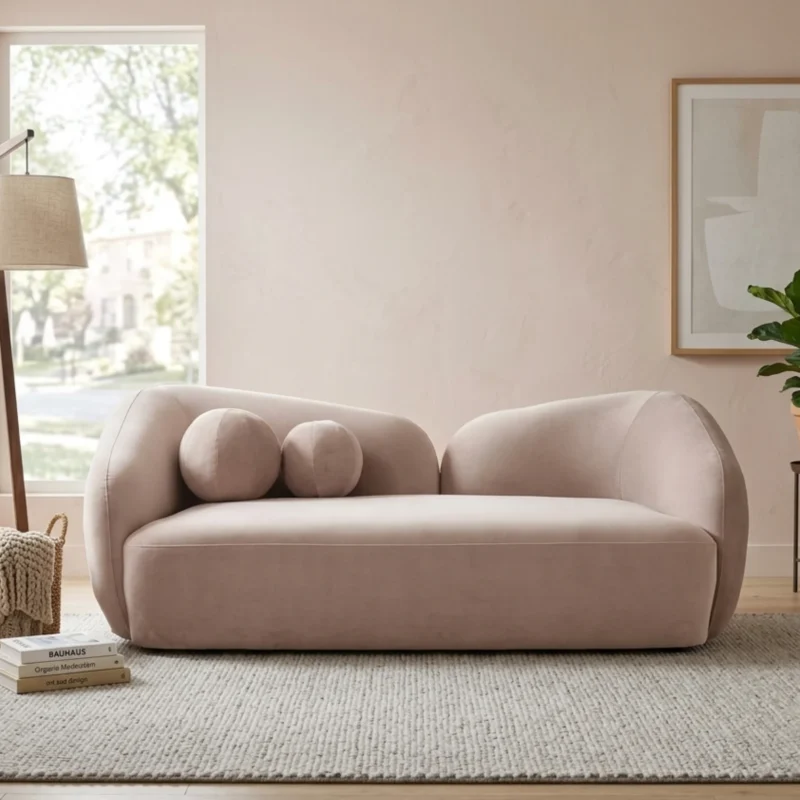 Carmela 2-Seater Curved Loveseat – Velvet Sand Taupe (Coming Soon)